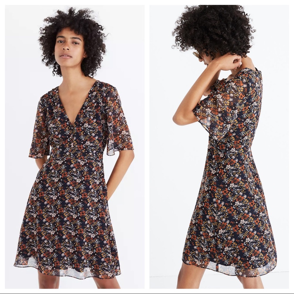 Madewell Floral Button Orchard Flutter-Sleeve V-Neck Dress Size 10